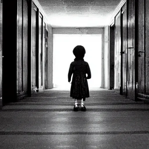 Prompt: Two Elmo twins standing in an eerie long dimly lit hallway in the style of The Shining (1980)
