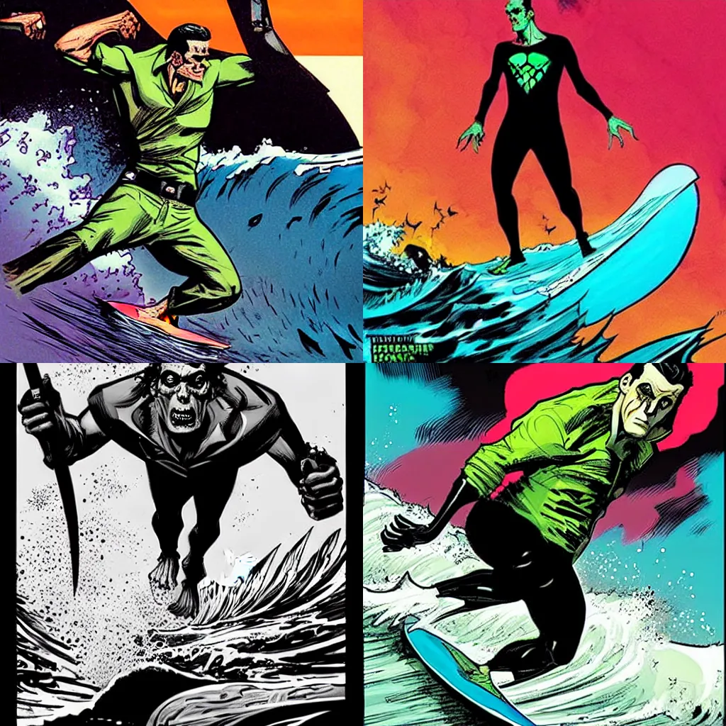 Prompt: style of Rafael Albuquerque comic art, Frankenstein wearing a Hawaiian shirt surfing big waves, fun, spooky, action surfing pose