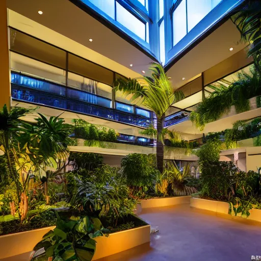 Prompt: The atrium of a refurbished contemporary building filled with tropical plants, blue hour, 4k,