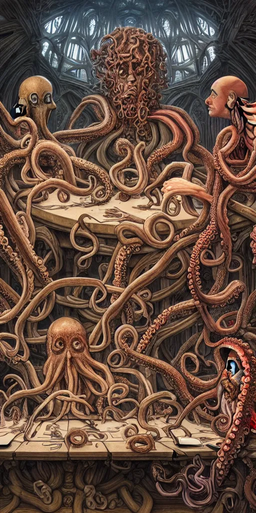 Image similar to group of mages in human bodies with octopus or medusa heads sitting near the table and arguing in an ancient mage castle with enormous scale, gothic and baroque, brutalist architecture, ultradetailed, Intricate by James Jean and Josan Gonzalez and John Howe and Giuseppe Arcimboldo