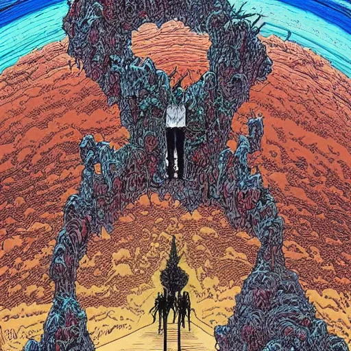 Prompt: crayon art by geof darrow tumultuous. in the center of the photograph is a large gateway that seems to lead into abyss of darkness. on either side of the gateway are two figures, one a demon - like creature, the other a skeletal figure.