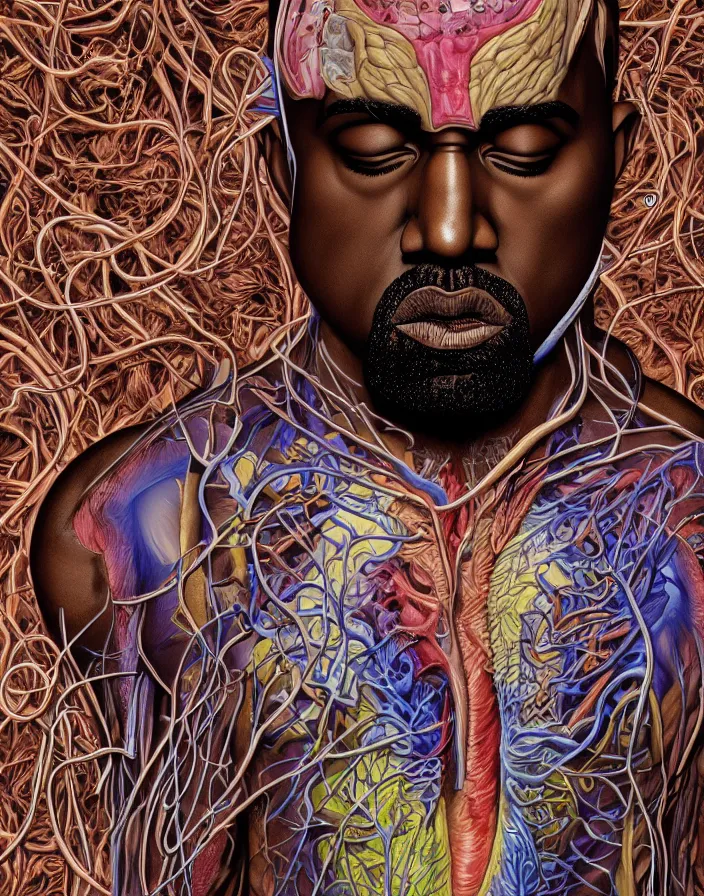 Image similar to an anatomical illustration of Kanye West from a medical journal by Nychos and Alex Grey, highly detailed, high detail, 8k