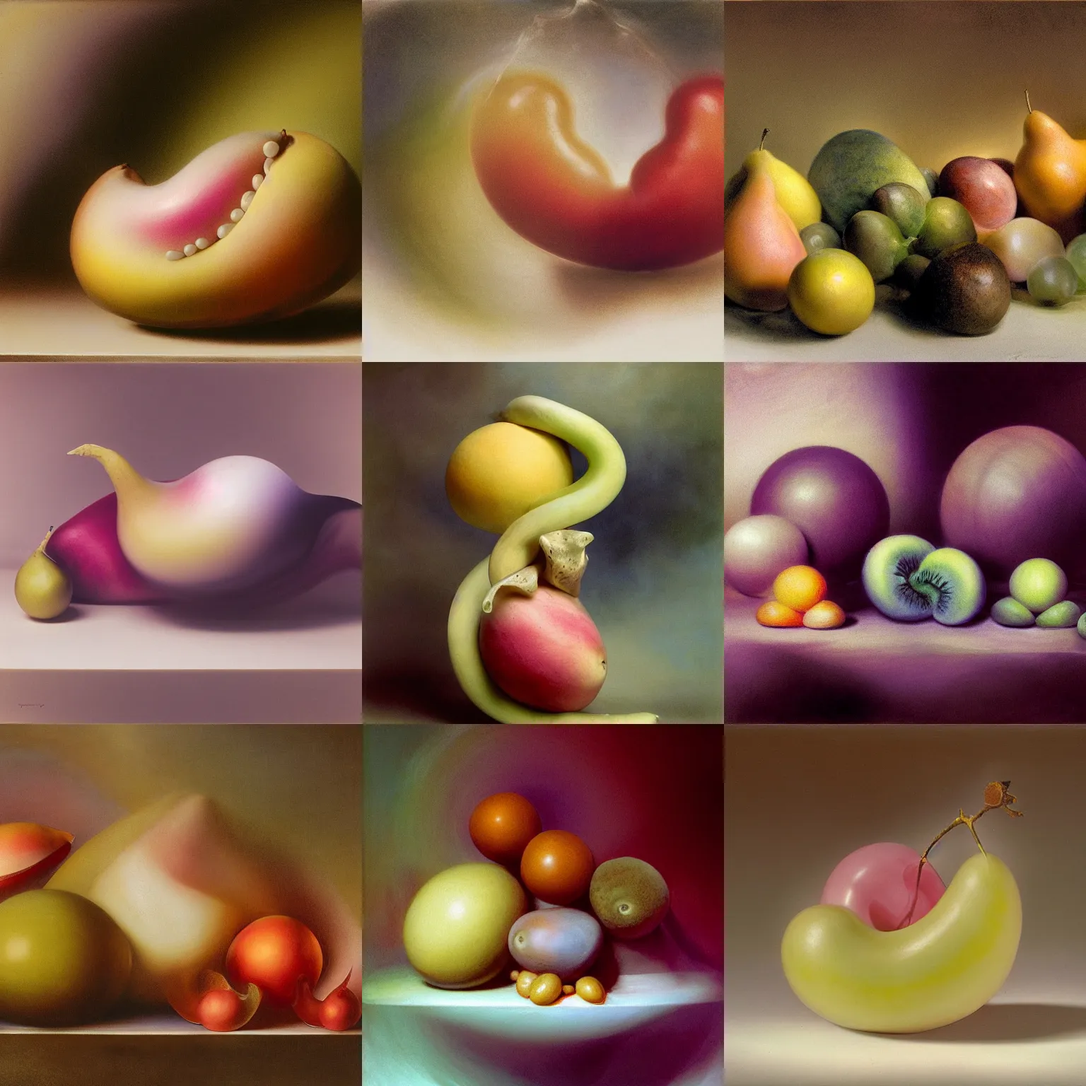 Prompt: one balanced asymmetrical biomorphic form with ombre light pastel colors, by clyde forsythe and thomas moran and jmw turner, professional fruit photography