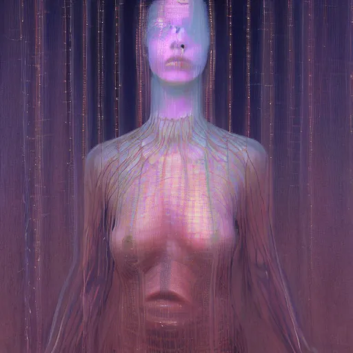 Prompt: portrait of a woman, covered in transparent cloth, glowing streaks of light, plastic, glowing eyes, flat background, Masterpiece, glowing, wires everywhere, by Edgar Maxence and Ross Tran, Zdzisław Beksiński, and Michael Whelan, distant, gustav dore, H.R. Giger, 8k, octane render