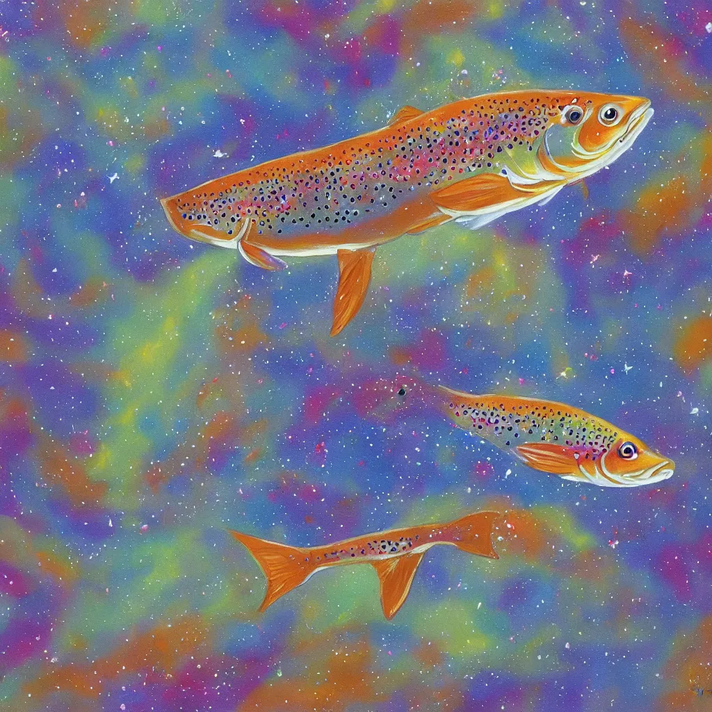 Image similar to a painting of a trout swimming in outer space