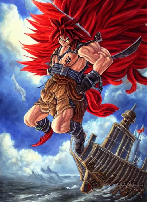 Image similar to epic fantasy portrait painting of a long haired, red headed male sky - pirate in front of an airship in the style of the dragonball