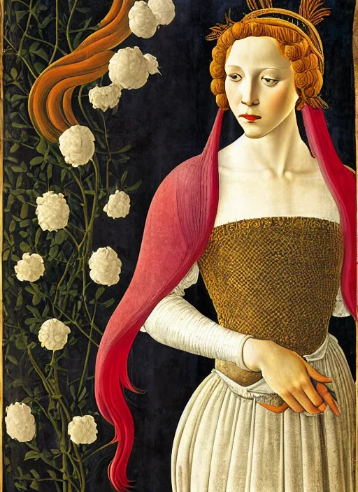 Image similar to portrait of young woman in renaissance dress and renaissance headdress, art by sandro botticelli