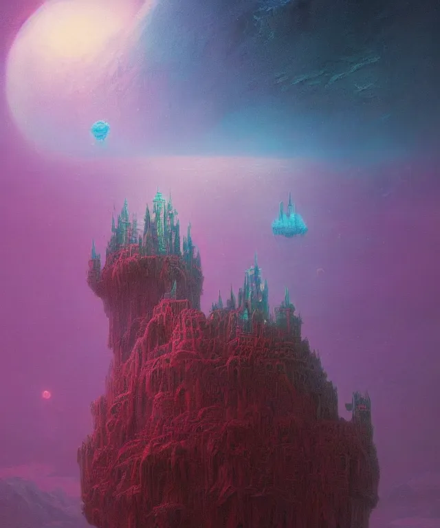 Image similar to an ultra detailed concept digital art painting of a singular floating island castle, levitating across space in a misty pearlescent nebula by paul lehr kazumasa uchio situated in a starry expanse of bioluminescent cosmic worlds by beksinski and beeple, flying citadel with towers, trending on artstation