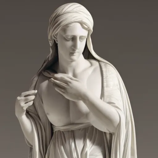 Prompt: a well-lit detailed studio photo of a marble sculpture of Mary dressed in robes with her hair covered, holding the body of Jesus by Antonio Canova