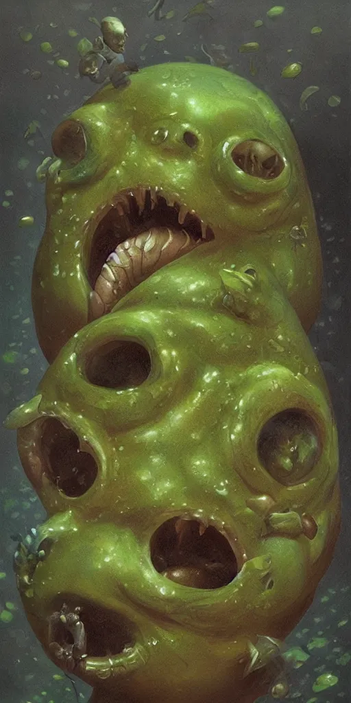 Prompt: an intricate pinhole painting of tubby goldfish with thick brown stumps a grinning skull and dribbling green slime, by Christophe Vacher and Bastien Lecouffe-Deharme, trending on artstation