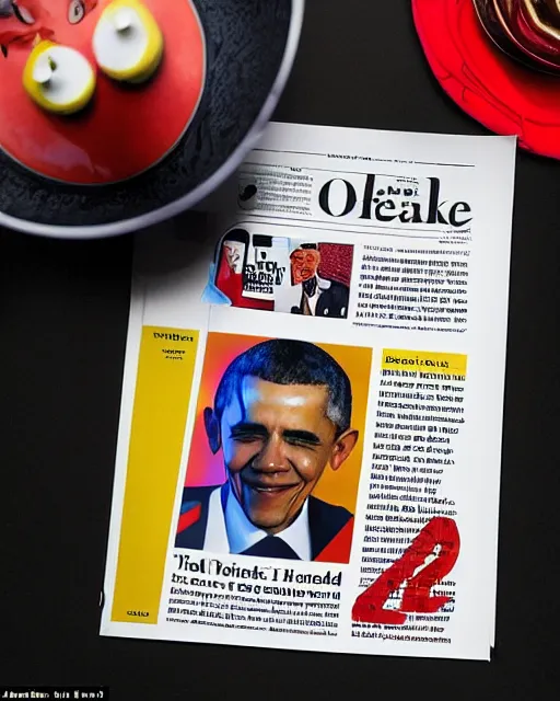 Image similar to 'a full view of table and magazine with picture of barack obama dressed as clown', magazine, zoomed out, zoomed out, zoomed out