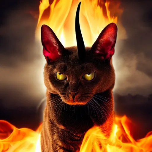 Image similar to evil cat with horns on its head sitting on a burning throne, the lord of hell, vast expanse of hell background, cat satan, highly detailed photo