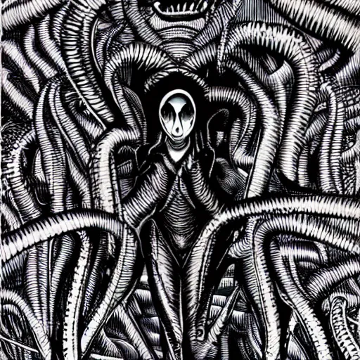 Image similar to eldritch woman abomination of unimaginable horror by h. r. giger and junji ito, speculative evolution, op art with big bold patterns