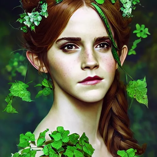 Prompt: emma watson as titania, summer queen. faerie queen. queen of light, green, poison ivy, made by caravaggio stanley artgerm lau wlop rossdraws artstation cgsociety concept art octane render, wide angle lens