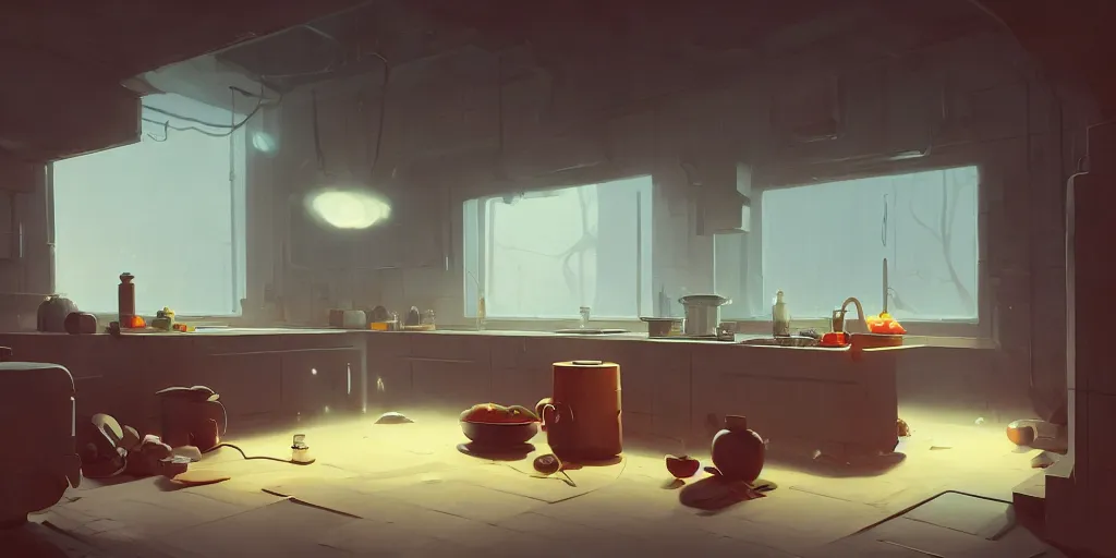 Prompt: minimalistic kitchen dim lit by a candle ripped physique simon stalenhag gerald brom bastien grivet by greg rutkowski, game background, fisheye camera