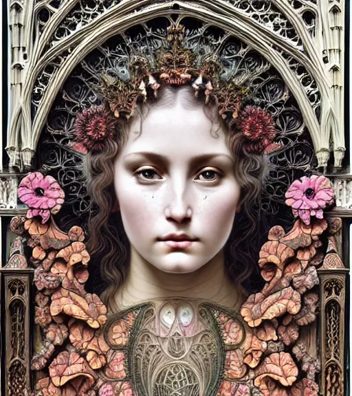 Image similar to hyperrealistic detailed face portrait of a beautiful young goddess morphing into a gothic cathedral, authentic ornamental architecture, intricate and highly detailed, awe inspiring art by ernst haeckel, h. r. giger, alphonso mucha, james jean, gothic, neo - gothic, heavily ornamental, nice deep colours,