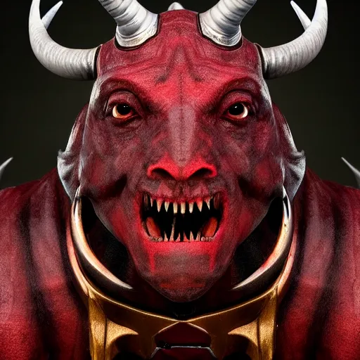 Image similar to hyper realistic knight with bull horns coming out of eye sockets, red, artstation, 8 k render, octane, fueled by caffeine : : tim burton