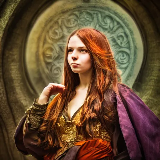 Image similar to portrait of a human mage ,fantasy, D&D, HDR, natural light, medium close shot, dynamic pose, award winning photograph, Mucha style