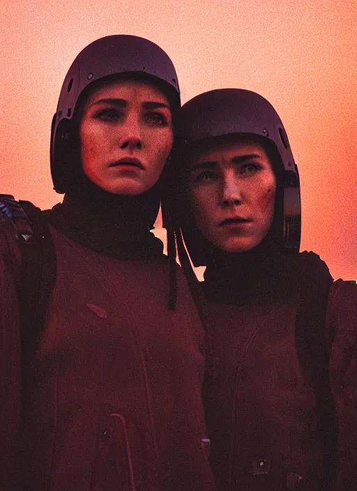 Image similar to cinestill 5 0 d photographic portrait of two loving female androids wearing rugged black techwear on a desolate plain with a red sky in front of a brutalist structure, extreme closeup, cyberpunk style, dust storm, 8 k, hd, high resolution, 3 5 mm, f / 3 2, ultra realistic faces, ex machina