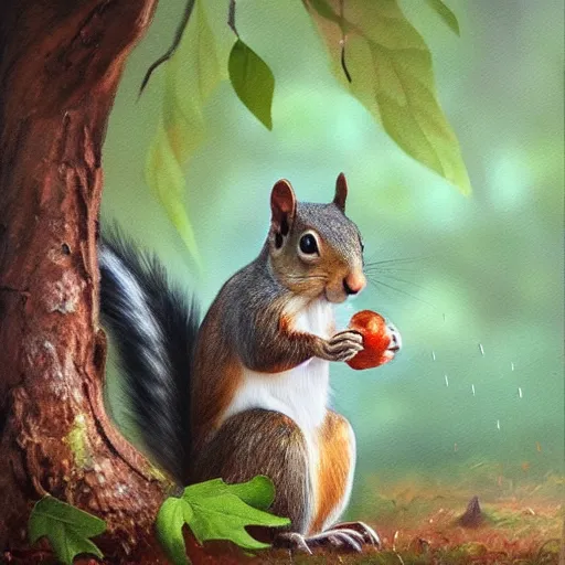 Prompt: a squirrel hiding from the rain under a mushroom, artstationhq, trending on artstation, oil painting by alexander roslin