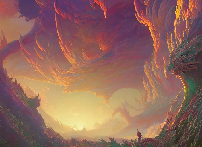 Image similar to psychedelic concept art painting of a dragon landscape made of thousands of dragons, detailed, cel shaded, in the style of makoto shinkai and moebius and peter mohrbacher and anton fadeev