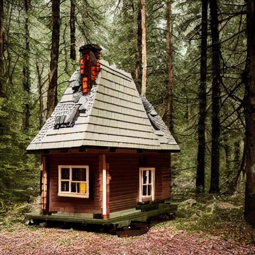 Image similar to a Eerie cabin in the middle of the woods made out of lego