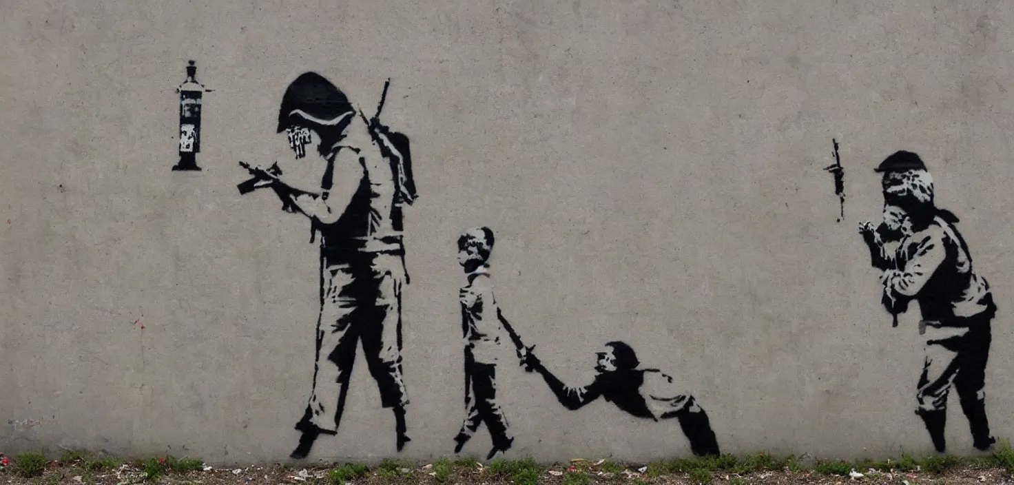 Image similar to love war and apocalypse, banksy, street art