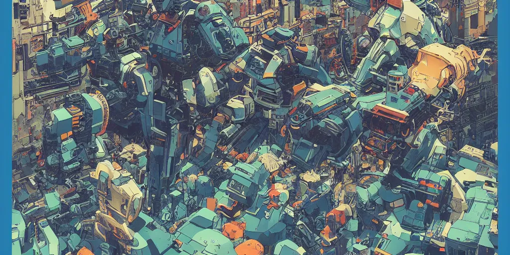 Image similar to risograph, gigantic mecha faces, no artifacts, tiny rats, a lot of exotic animals around, big human faces everywhere, by satoshi kon and moebius, matte blue colors, surreal design, crispy, super - detailed, a lot of tiny details, no blur, 4 k, fullshot