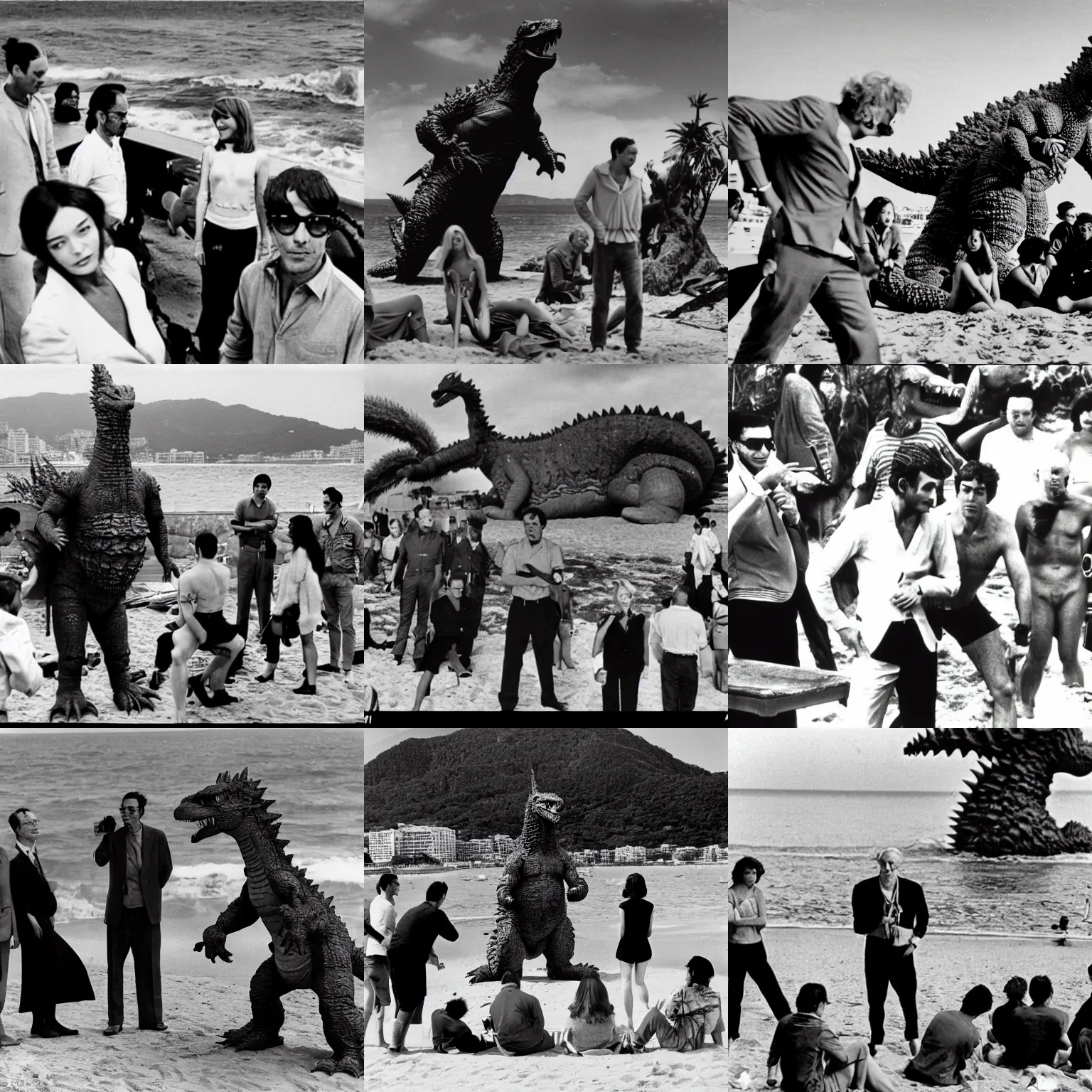 Prompt: photoshoot of godzilla on a beach in cannes. godzilla is at the center surrounded by jean - luc godard and anna karina. in color.