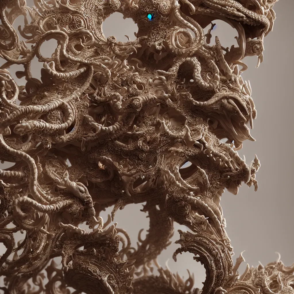 Image similar to a closeup photo - real delicate ceramic porcelain sculpture of an ornate detailed typhon in front of an intricate background by rafael, micro detail, backlit lighting, subsurface scattering, translucent, thin porcelain, octane renderer, colorful, physically based rendering, trending on cgsociety