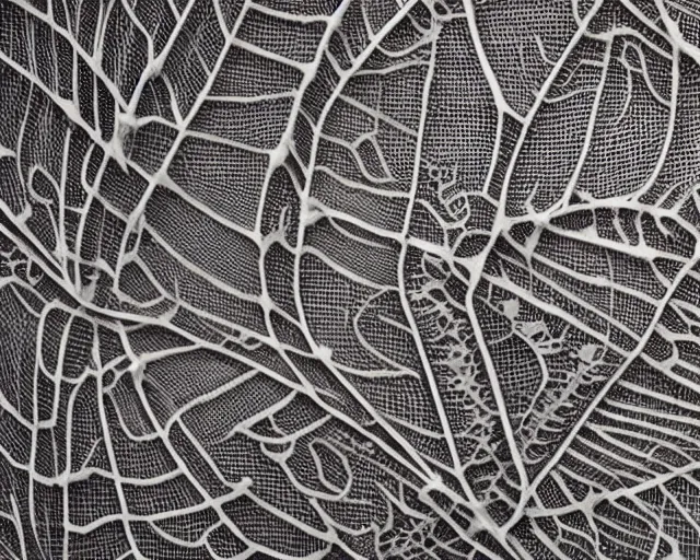 Prompt: extreme close up of a retina, made of intricate decorative lace leaf skeleton, in the style of the dutch masters and gregory crewdson, dark and moody