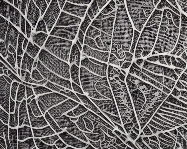 Image similar to extreme close up of a retina, made of intricate decorative lace leaf skeleton, in the style of the dutch masters and gregory crewdson, dark and moody