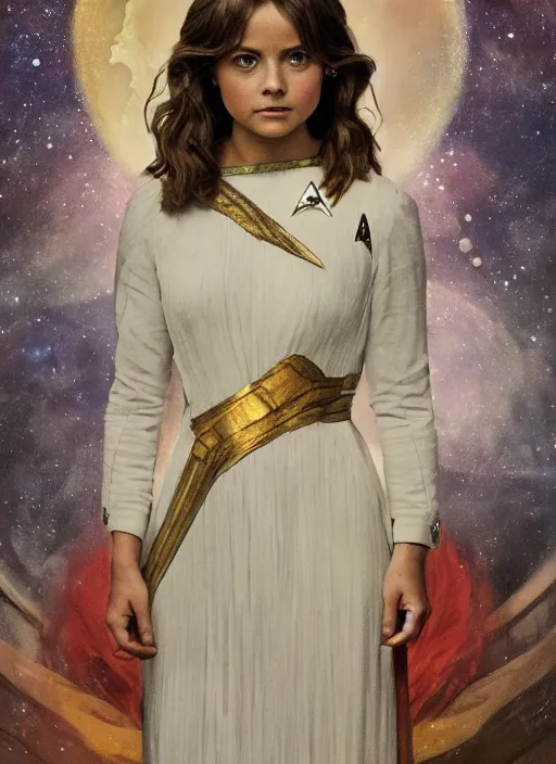 Image similar to jenna coleman as a star trek captain, a still from star trek painted by alphonse mucha. clear highly detailed face, beautiful sci fi art