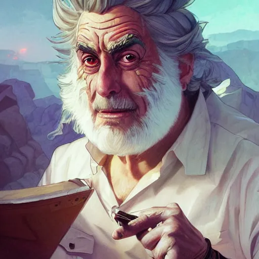 Image similar to Rick Sanchez, artists portrait, fantasy, highly detailed, digital painting, concept art, sharp focus, depth of field blur, illustration, art by artgerm and greg rutkowski and alphonse mucha