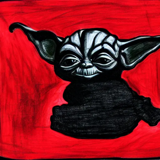 Image similar to abstract drawing of black and red baby yoda with black background, high contrast, 4k