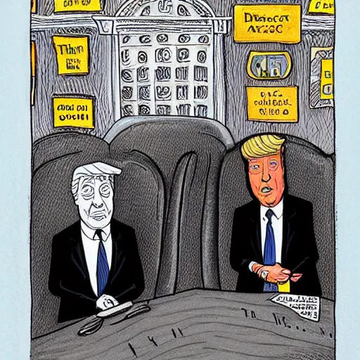 Prompt: new yorker cartoon by roz chast of donald trump, black and white,