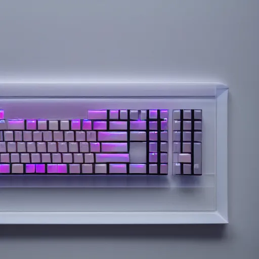 Image similar to an ultra high definition professional studio quality photograph of a transparent iridescent perspex pastel coloured keyboard on white coat hook in an empty white room. dramatic lighting, ray tracing, refraction, shallow d. o. f, colour corrected, golden ratio, three point light. volumetric shadows. god rays.