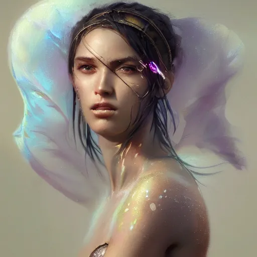 Prompt: a beautiful portrait of a goddess with iridescent skin by greg rutkowski and raymond swanland, trending on artstation