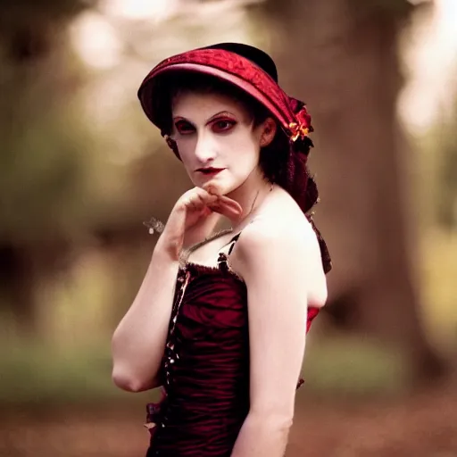 Image similar to A beautiful portrait of a lady vampire, victorian, photography, 35mm, depth of field, bokeh, soft light, cinematic, steve mccurry