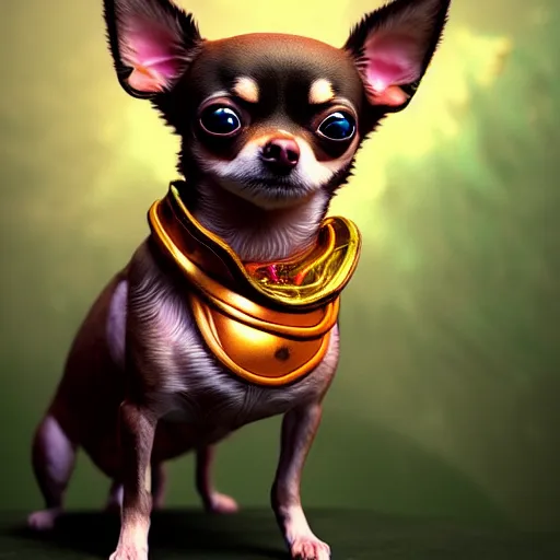 Prompt: a transcendent chihuahua living in an extradimensional reality, in the style of wlop, illustration, epic, fantasy, hyper detailed, smooth, unreal engine, sharp focus, ray tracing, physically based rendering, renderman, beautiful