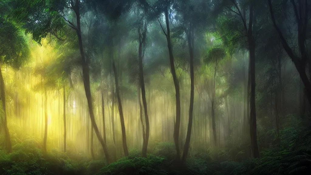 Image similar to amazing landscape photo of a tropical forest by marc adamus, beautiful dramatic lighting