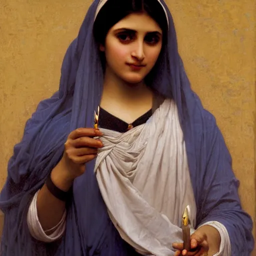 Image similar to a Pakistani woman holding a candle, painting by William Adolphe Bouguereau