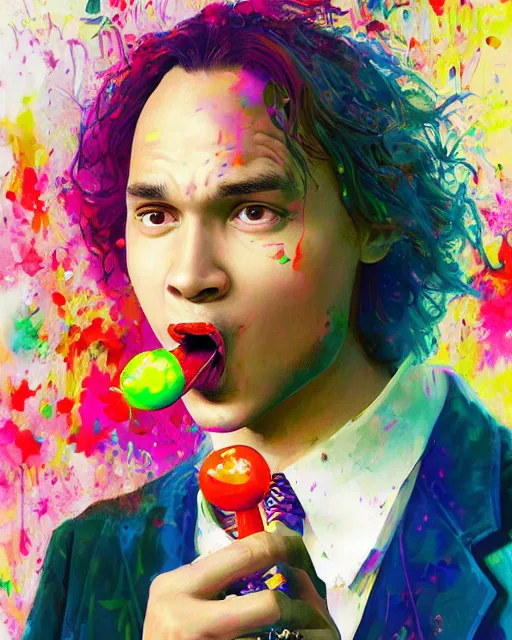 Prompt: a highly detailed portrait of frank dillane licking a large lollipop, colorful, intricate, digital painting, old english, whimsical background by marc simonetti, artwork by liam wong