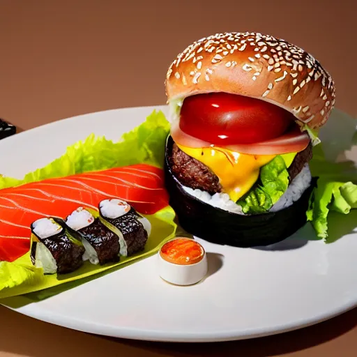 Image similar to a burger made out of sushi, food photography, michelin star