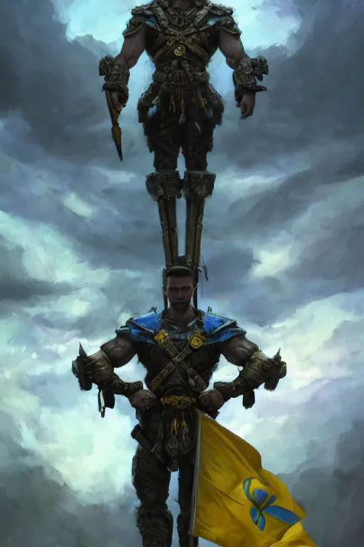 Prompt: a distant shot of a Ukrainian super soldier with blue and yellow flag behind him and a trident symbol on the chest standing alone on a huge pile of skulls posing as a winner in a beam of light from the cloudy sky, masculine muscular figure, D&D, fantasy, intricate, elegant, highly detailed, extremely detailed, digital painting, artstation, concept art, matte, smooth, hyper realistic, sharp focus, illustration, art by Artgerm and Greg Rutkowski and Alphonse Mucha