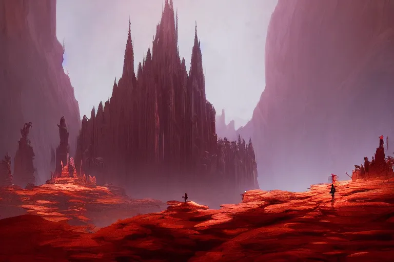 Image similar to dramatic render of a cathedral, gothic architecture, carved of red rock, tall spires, top of a canyon, vultures, concept art by studio ghibli and eddie mendoza, atmospheric, moody, dark, cinematic, volumetric lighting, 8K