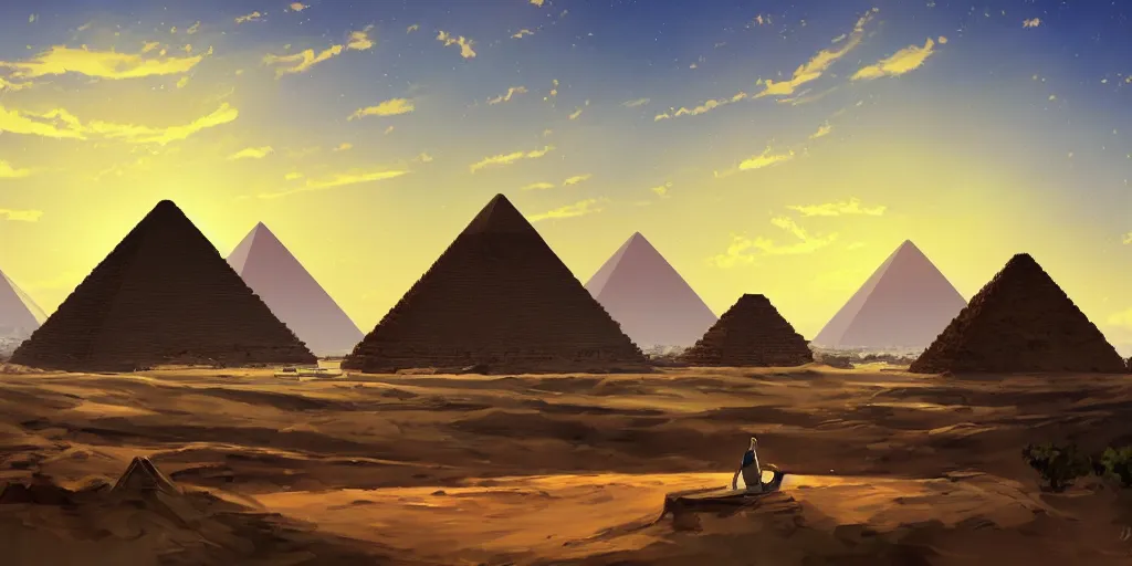 Image similar to a stunning egyptian landscape with pyramids by makoto shinkai