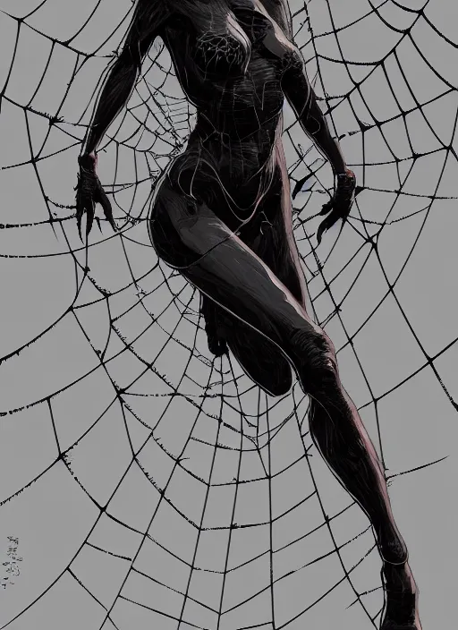 Prompt: painting of a woman in a spider web, highly detailed, digital painting, concept art, smooth, sharp focus, illustration, illustration by greg rutkowski, yoji shinkawa, 4 k, digital art, concept art, trending on artstation, 8 k