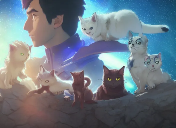 Image similar to a space handsome gay guys and their 1 0 pet space cats staring role in a musical sci - fi space opera ghibli animated film, volumetric lighting, octane render by stanley artgerm lau, greg rutkowski, thomas kindkade, alphonse mucha, loish, norman rockwel, 8 k greg rutkowski