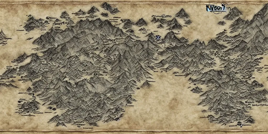 Image similar to Map of the realm of the wolf crew. Wolf face map. wolves. Ancient magic, medieval fantasy map, mountains, islands, forests. Map-style Skyrim, Lord of the rings map, zelda breath of the wild map, video game style, drawing on a parchment